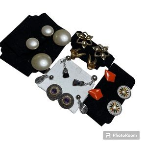 Lot of 9 colorful vintage clip on earrings: sterling silver amethyst, pearl